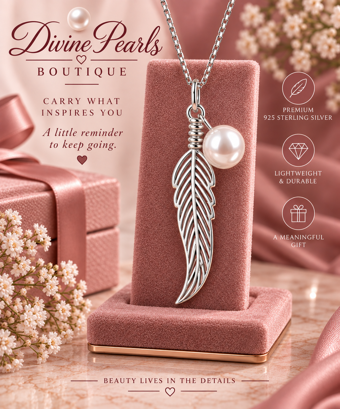 Feather Pearl Drop Pendant
